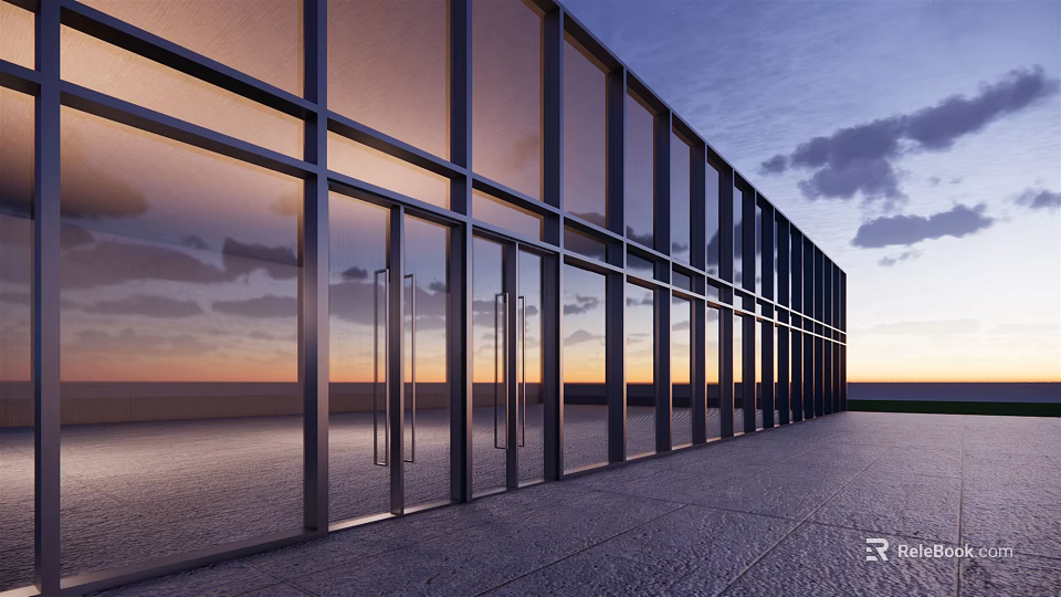 Contemporary Building Exterior Design With Glass Facade Metal Frames And Sunset Sky Reflection 3d model 