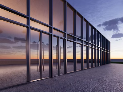 Contemporary Building Exterior Design With Glass Facade Metal Frames And Sunset Sky Reflection 3d model
