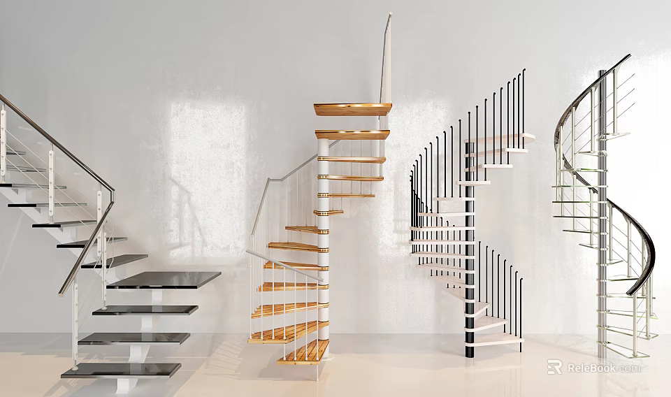 Varied Modern Spiral Staircase Designs With Wooden Steps And Metal Railings 3d model 