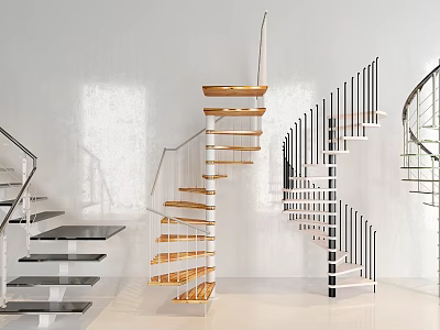 Varied Modern Spiral Staircase Designs With Wooden Steps And Metal Railings 3d model