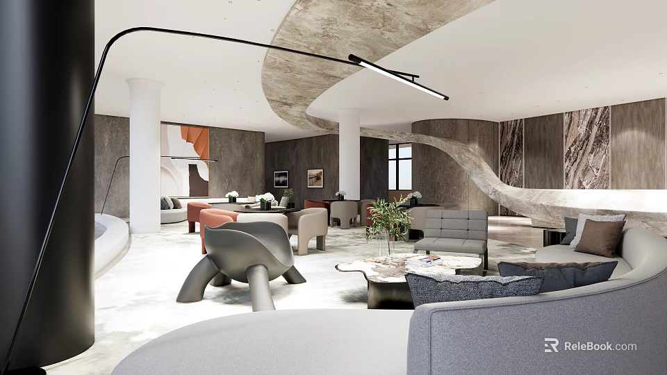Modern Hotel Public Lounge Interior Design With Curved Lighting Sofas Coffee Tables And Plants 3d model 
