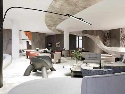 Modern Hotel Public Lounge Interior Design With Curved Lighting Sofas Coffee Tables And Plants 3d model