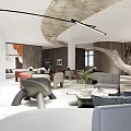 Modern Hotel Public Lounge Interior Design With Curved Lighting Sofas Coffee Tables And Plants
