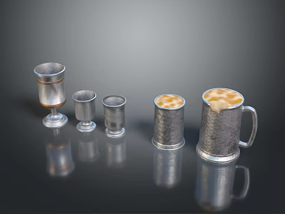 Metallic Cups in Various Sizes Holding Foamy Drinks with Modern Reflective Surface 3d model