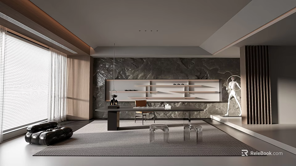 Serene Modern Tea Room Interior With Stone Feature Wall And Wooden Furniture 3d model 