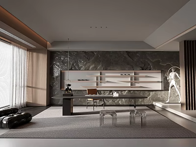 Serene Modern Tea Room Interior With Stone Feature Wall And Wooden Furniture 3d model