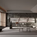 Serene Modern Tea Room Interior With Stone Feature Wall And Wooden Furniture