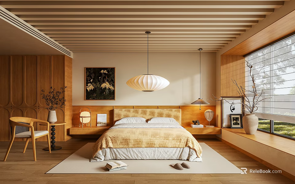 Warm Wooden Bedroom Interior With Slat Ceiling Headboard Pendant Light And Light Bedding 3d model 