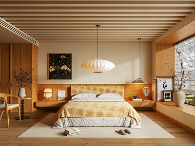 Warm Wooden Bedroom Interior With Slat Ceiling Headboard Pendant Light And Light Bedding 3d model