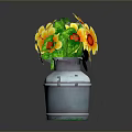 Artistic Sculpture Carving of Sunflowers in Gray Metal Bucket with Green Leaves