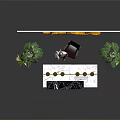 Black White Marble Reception Desk With Wooden Striped Wall Yellow Decorative Flowers And Green Plants