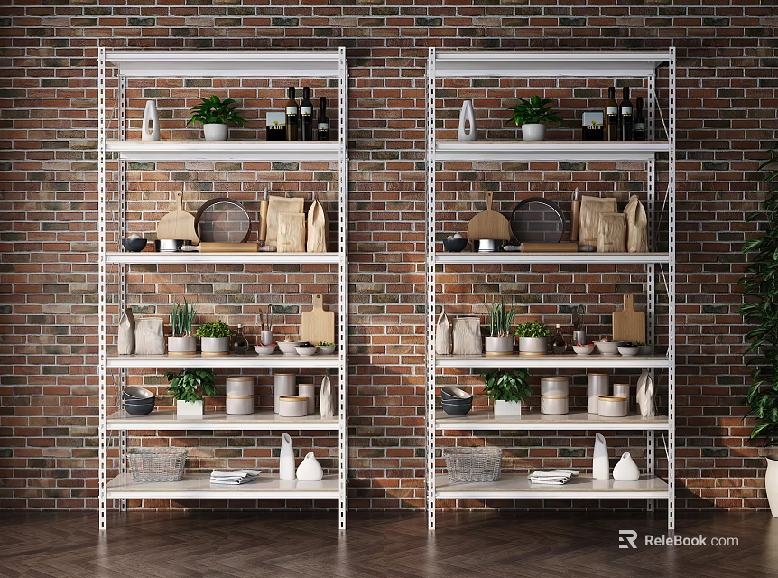 White Shelving Units Displaying Potted Plants Storage Jars Dishes and Baskets Against Brick Wall 3d model 