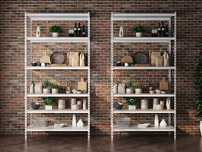White Shelving Units Displaying Potted Plants Storage Jars Dishes and Baskets Against Brick Wall 3d model