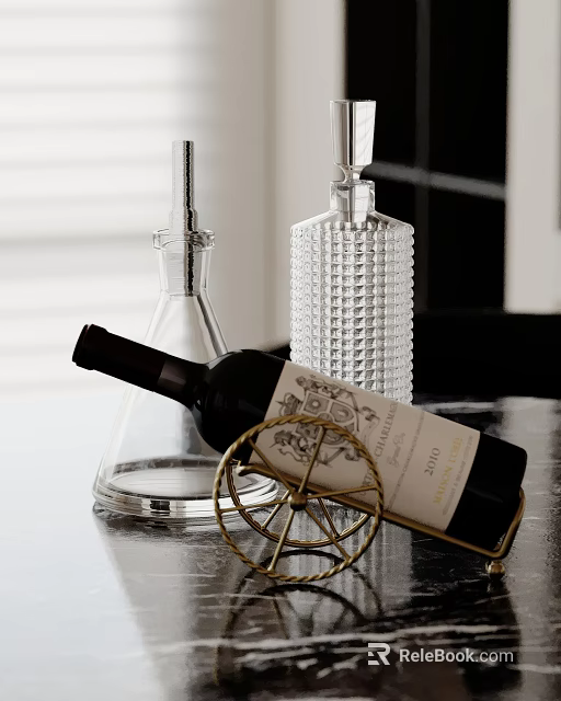 Decorative Ornament Set with Wine Bottle Glass Decanter and Gold Circular Rack for Home Decor 3d model 