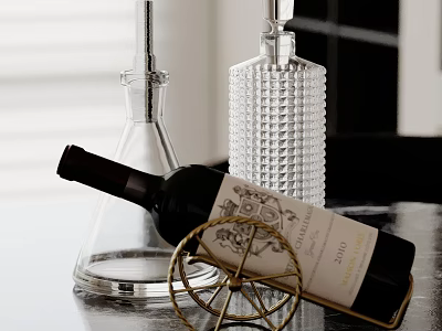 Decorative Ornament Set with Wine Bottle Glass Decanter and Gold Circular Rack for Home Decor 3d model