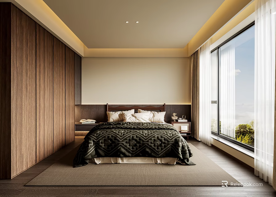 Elegant Modern Bedroom Interior With Wooden Wardrobe Geometric Bedspread Large Window And Area Rug 3d model 