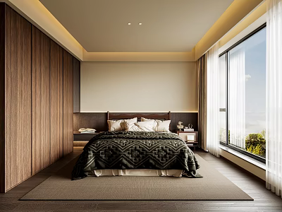 Elegant Modern Bedroom Interior With Wooden Wardrobe Geometric Bedspread Large Window And Area Rug 3d model