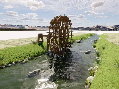 Scenic Waterfront Landscape With Large Wooden Waterwheel By Stream Green Grass And Stones 3d model