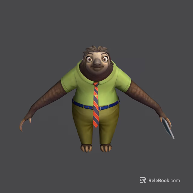 Game Movie Character Sloth In Green T-shirt Red Blue Striped Tie Khaki Pants Holding Tablet 3d model 