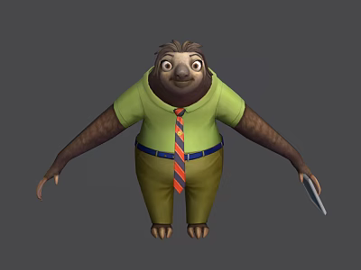 Game Movie Character Sloth In Green T-shirt Red Blue Striped Tie Khaki Pants Holding Tablet 3d model