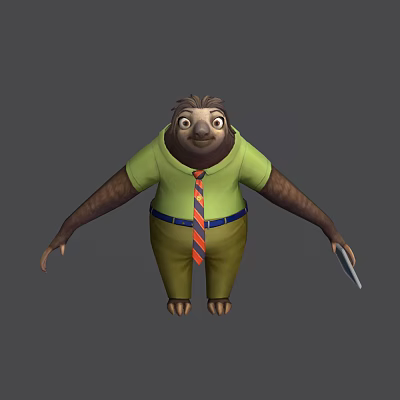 Game Movie Character Sloth In Green T-shirt Red Blue Striped Tie Khaki Pants Holding Tablet 3d model