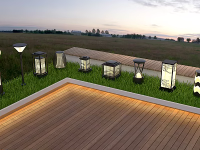 Outdoor Lantern Style Lights Around Wooden Deck Grass Area Dusk Open Field Background 3d model