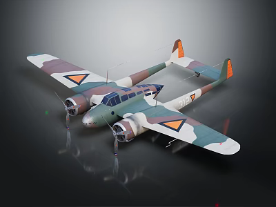 Vintage Camouflage Airplane Model Featuring Twin Engine And Orange Wing Triangles Design 3d model