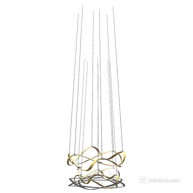Elegant Contemporary Golden Chandelier with Curved Circular Design and Hanging Cables 3d model 
