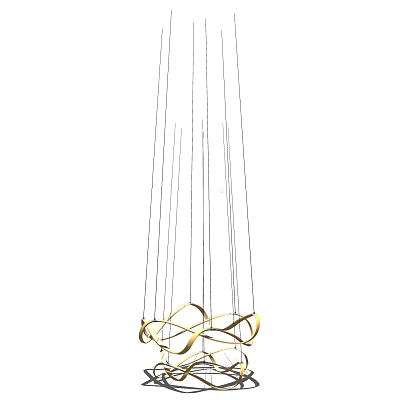 Elegant Contemporary Golden Chandelier with Curved Circular Design and Hanging Cables 3d model