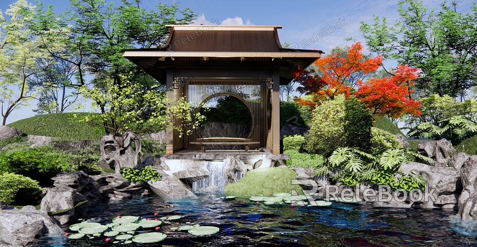 New Chinese style pavilion gallery pavilion waterside pavilion landscape gallery frame landscape pavilion garden waterscape rockery waterscape Taihu stone model