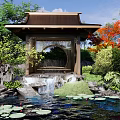 Scenic Traditional Garden Pavilion With Lotus Pond Waterfall Rocks And Lush Greenery Trees