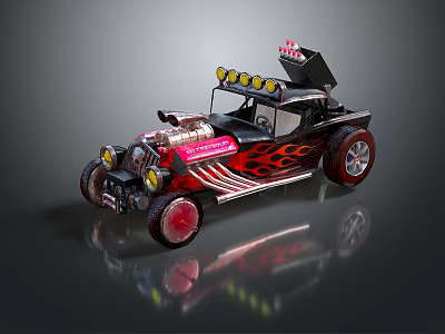 Black Custom Car With Red Flame Decals Exposed Engine Yellow Roof Lights And Red Rims 3d model