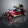 Black Custom Car With Red Flame Decals Exposed Engine Yellow Roof Lights And Red Rims