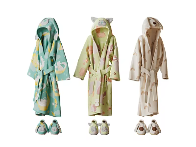 Cute Kids Hooded Bathrobes With Cartoon Patterns And Slippers 3d model