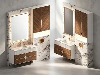 Elegant Modern Dressing Table With Marble Surface Wooden Cabinets And Mirrors 3d model