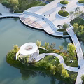 Waterfront Landscape Design With Lake Wooden Boardwalk And Lush Green Trees