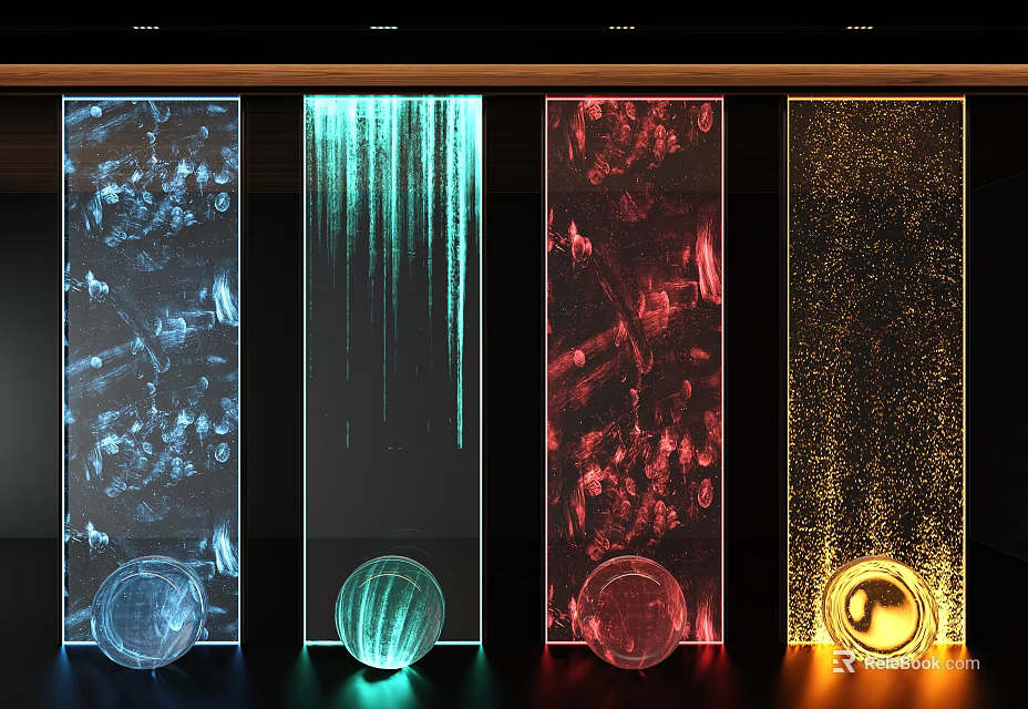 Vertical Background Wall With Blue Green Red Gold Dynamic Effects Circular Bases And Lighting Accents 3d model 
