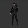 Woman In Black Tactical Outfit Holding Two Guns Wearing Sunglasses Against Gray Background