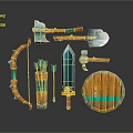 Colorful Medieval Weapons Collection Including Bow Arrows Axe Sword Hammer And Shield 3d model