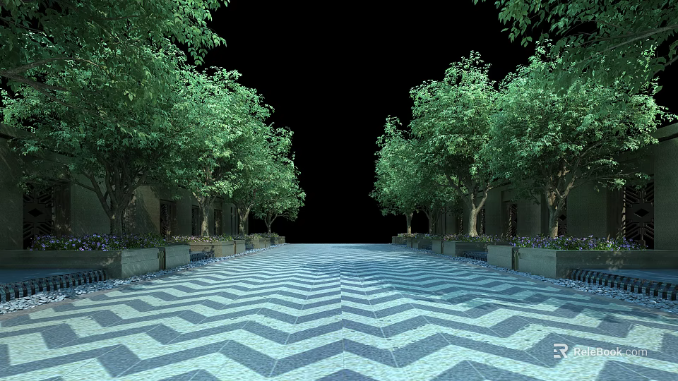 Symmetrical Garden Landscape Design With Herringbone Paving Pathway And Lush Green Trees 3d model 
