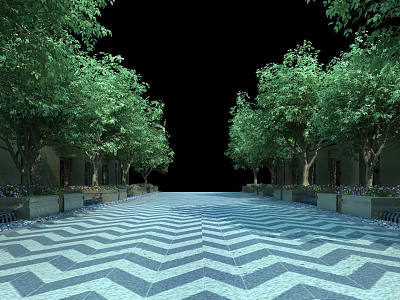 Symmetrical Garden Landscape Design With Herringbone Paving Pathway And Lush Green Trees 3d model