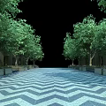 Symmetrical Garden Landscape Design With Herringbone Paving Pathway And Lush Green Trees