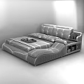 Modern Leather Double Bed With Upholstered Headboard Striped Sheet And Storage Compartments