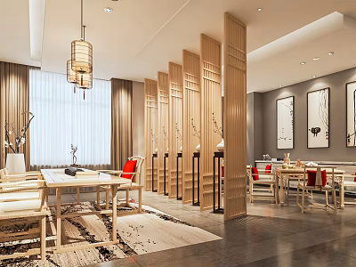 Traditional Teahouse Interior With Wooden Screens Lanterns Tables And Decorative Paintings 3d model