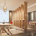 Traditional Teahouse Interior With Wooden Screens Lanterns Tables And Decorative Paintings