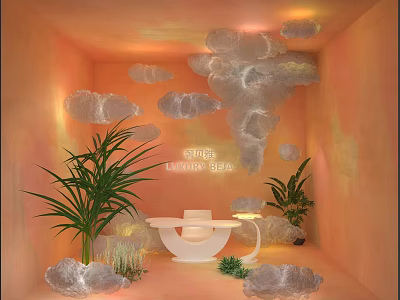 Commercial Luminous Bed Display With Orange Walls Cloud Shaped Decorations Plants White Table And Lamp 3d model