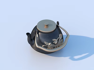 Black Tea Kettle With Gold Accents Lid Handle And Floral Patterns 3d model
