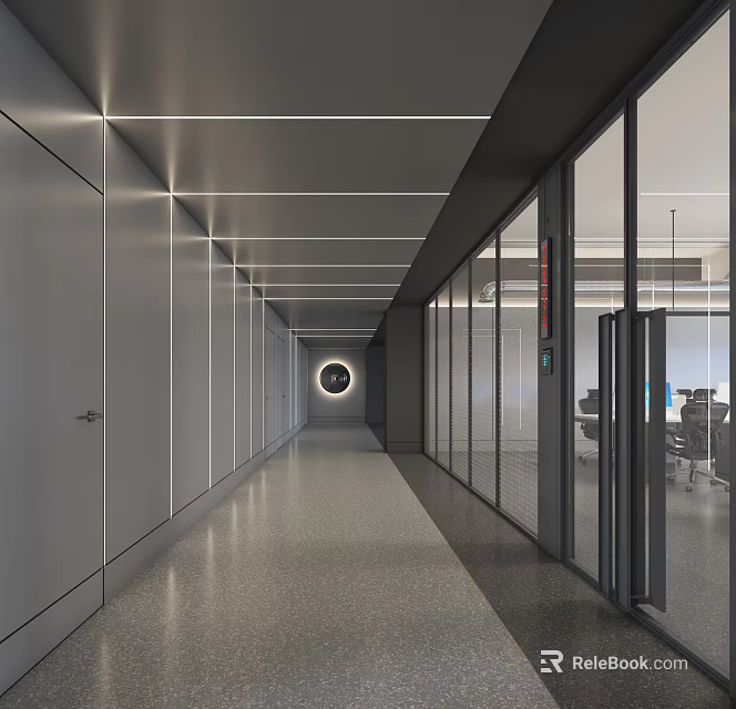 Modern Elevator Corridor Interior Featuring Gray Walls Glass Partitions Linear Ceiling Lights And Circular Accent 3d model