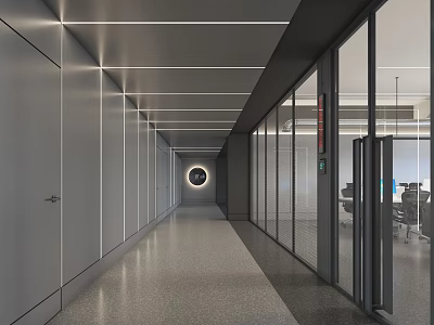 Modern Elevator Corridor Interior Featuring Gray Walls Glass Partitions Linear Ceiling Lights And Circular Accent 3d model
