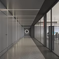 Modern Elevator Corridor Interior Featuring Gray Walls Glass Partitions Linear Ceiling Lights And Circular Accent 3d model